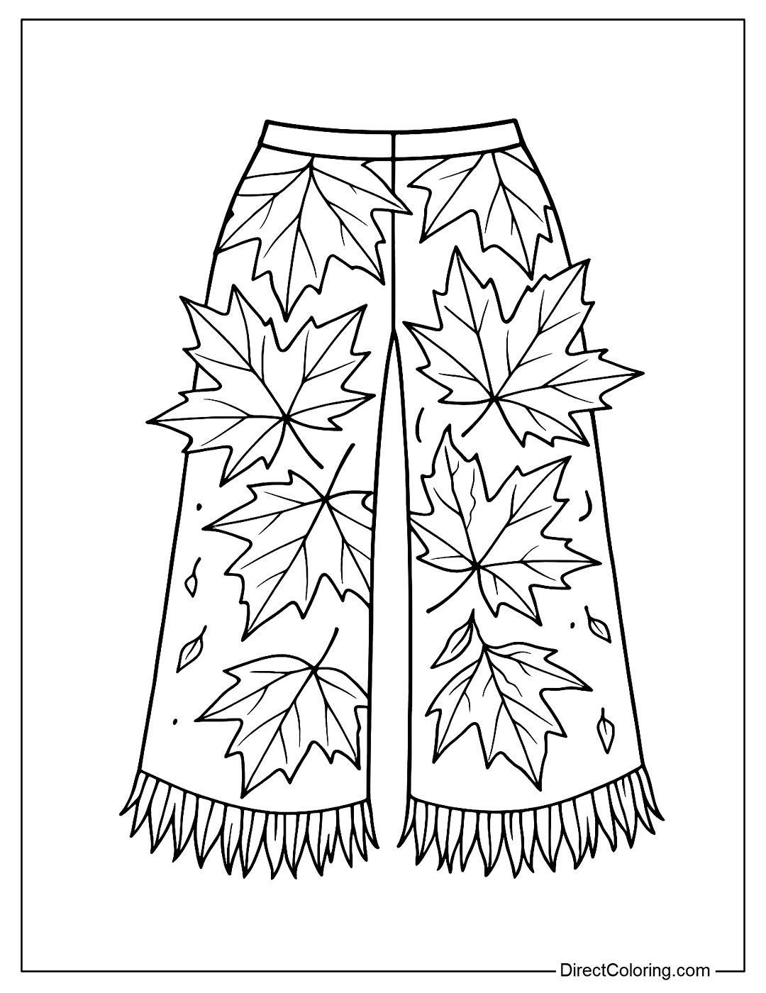 Maple leaf pants coloring page with large intersecting leaf patterns, fringed hems like fallen leaves